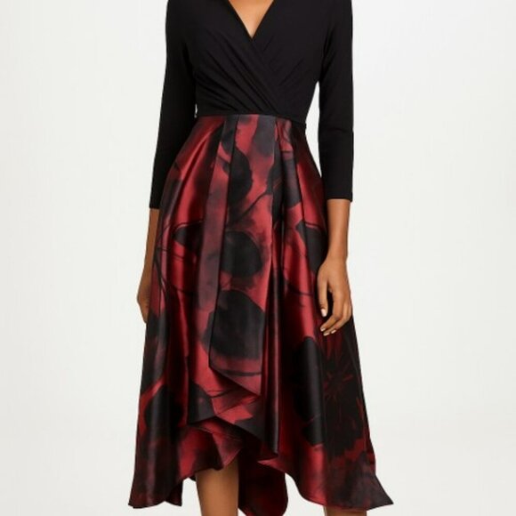 R&M Richards Black & Red Floral Satic High-Low Dress Size 4P Evening Gown - Picture 1 of 13